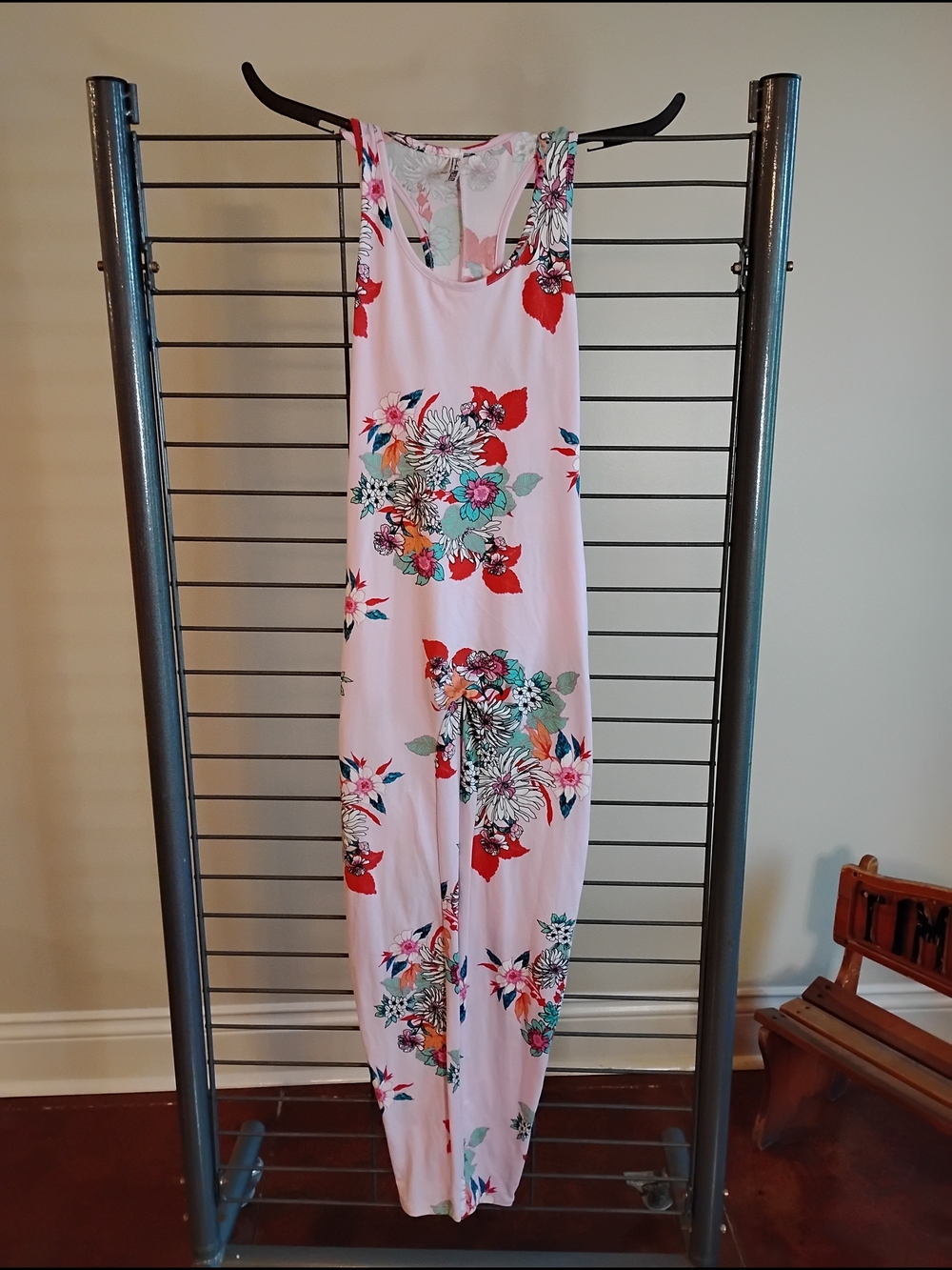 Heather Presley Pink Floral Racerback Jumpsuit Red Teal Accents Sleeveless Small